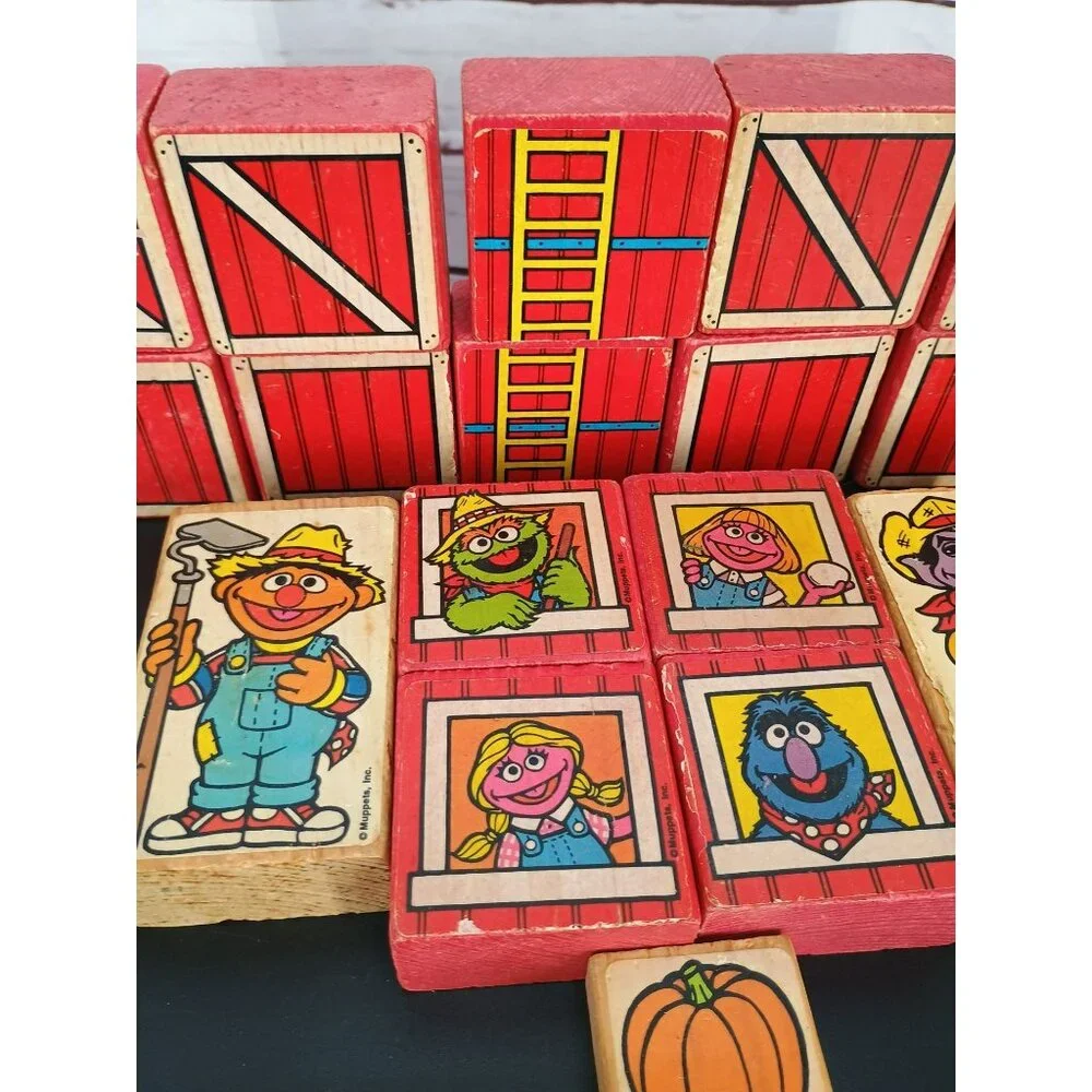 Vintage 1980s Sesame Street Wooden Blocks With Farm Characters & Barn Doors Educ